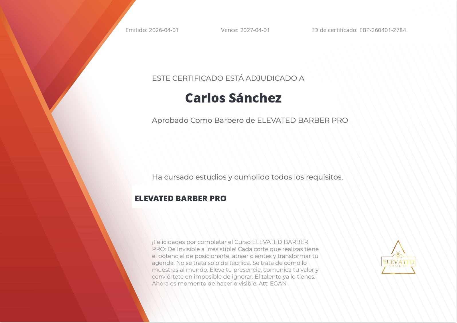 Certificado de Finalización Elevated Barbers